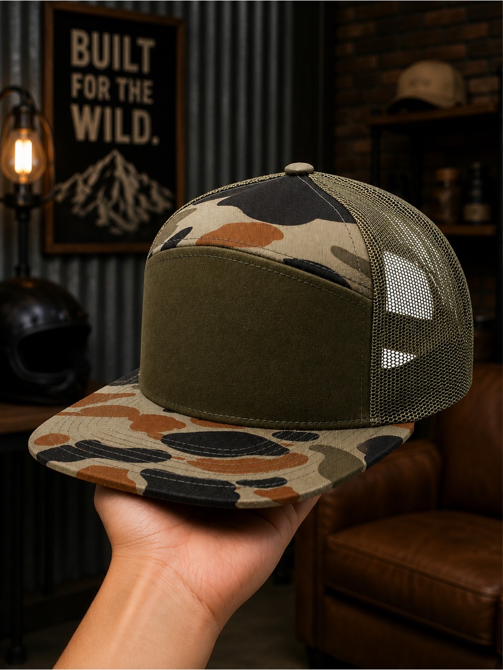 Olive Camo Trucker Snapback Hat Flat Bill Mesh Adjustable Blank High Profile